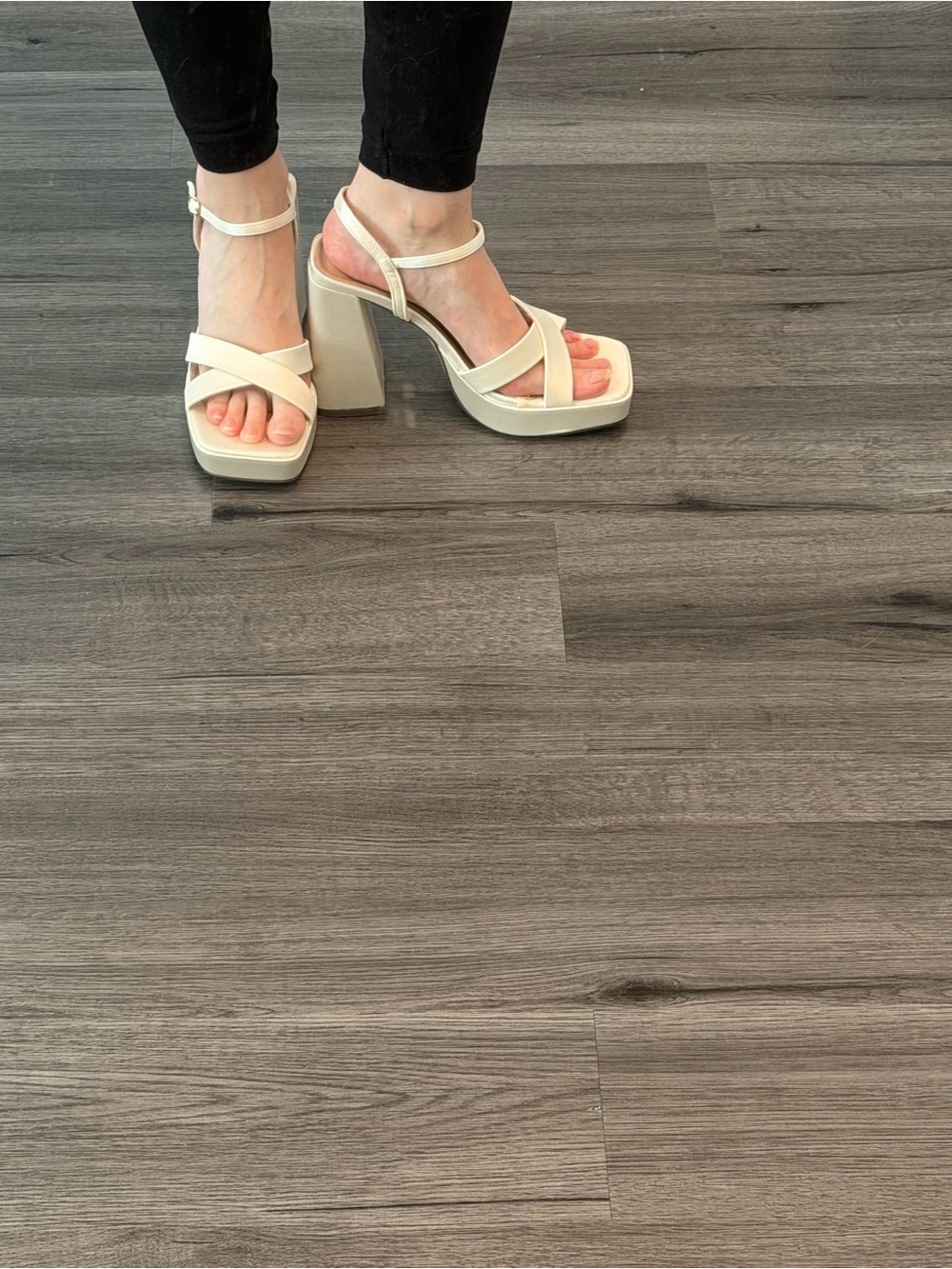 Lulu's Cream Platform Block Heel Sandals with Ankle Strap - With box